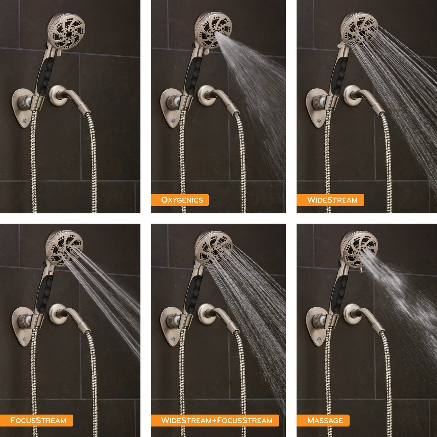 Ducha de mano de níquel cepillado con 5 modos. Oxigenics pure shower genius