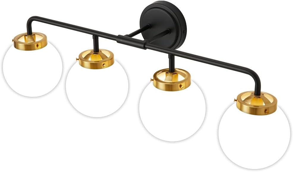 Lampara de 4 luces con globos de vidrio blanco, para baño, tocador ó dormitorio.