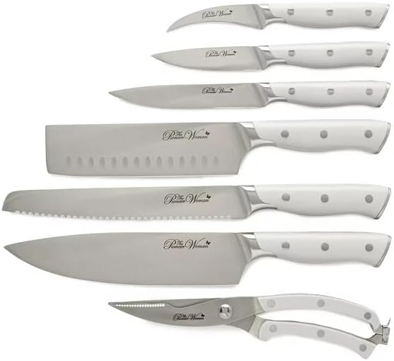 Juego de cuchillos de 14 piezas con base de madera. Disponible en turquesa y acero inox. The Pioneer woman
