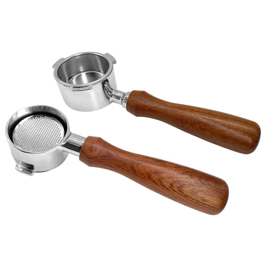 Portafiltro para máquinas de capuccino y espresso de 51mm, 2 orejas, bottomless (sin base), con mango de madera. NEOUZA