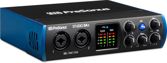 Interfaz de audio de 2 canales con entradas XLR, TRS,TS y MIDI, con DAW incluído. PreSonus Studio 24c 2x2
