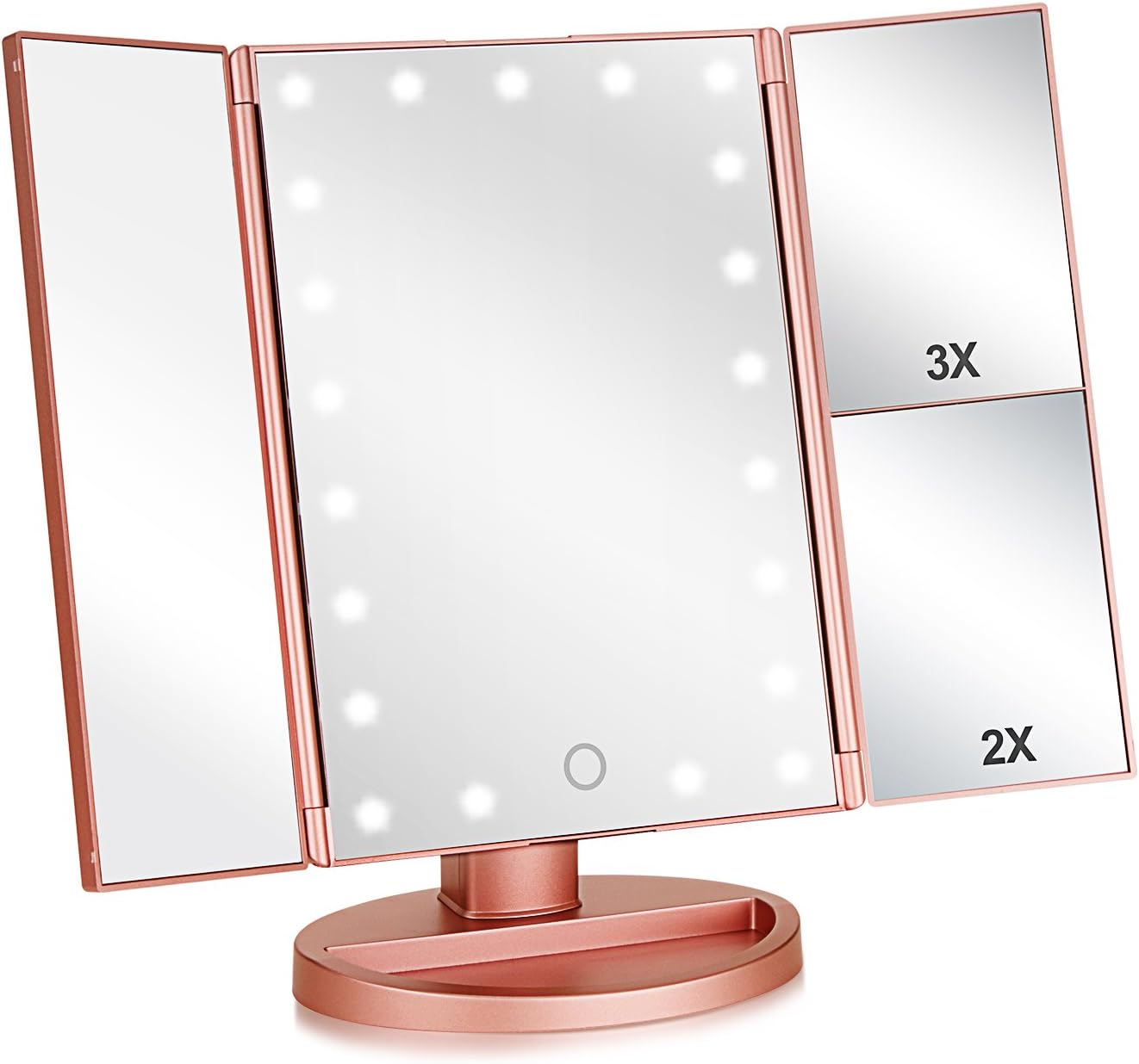 Espejo de maquillaje portátil con iluminación rotación y aumento.