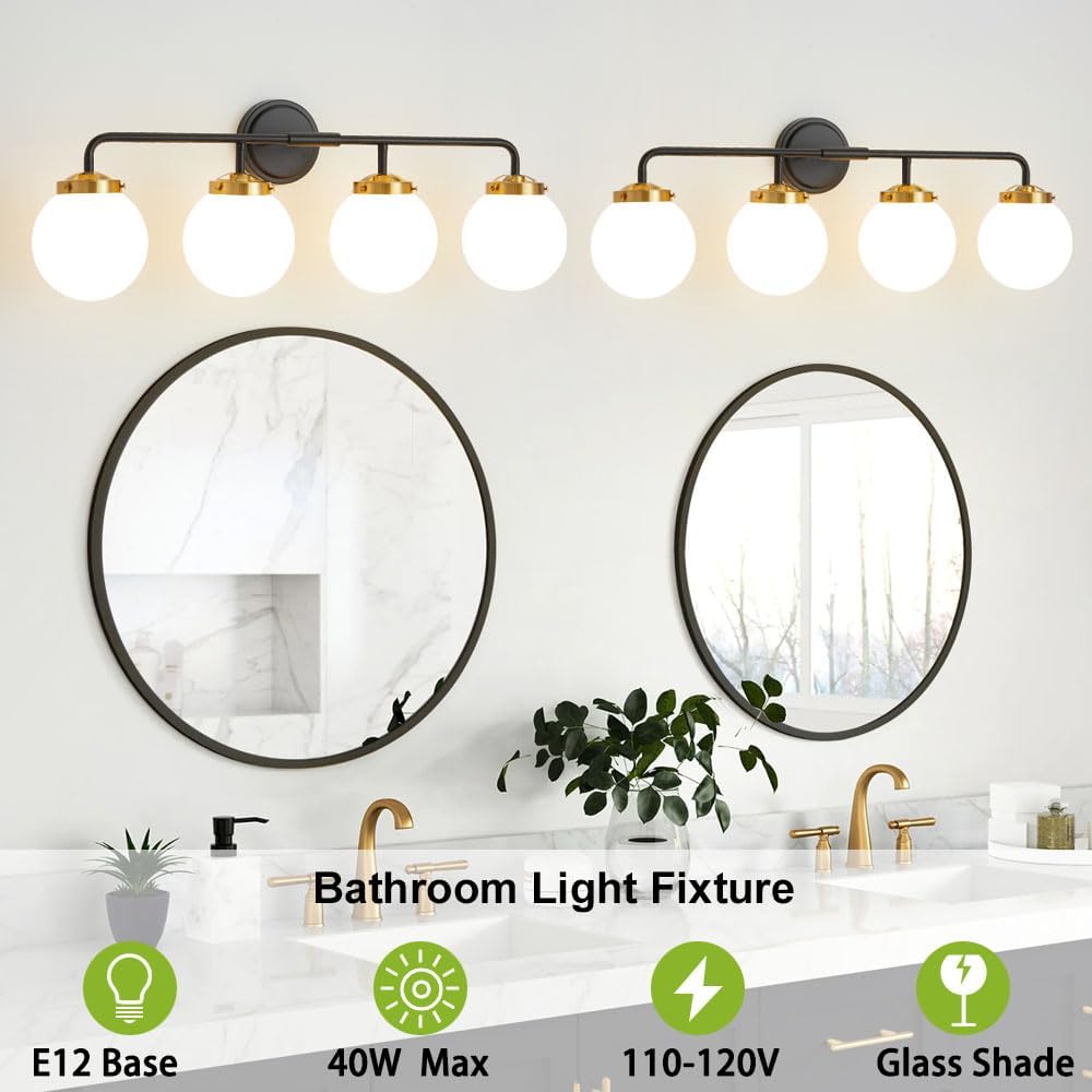 Lampara de 4 luces con globos de vidrio blanco, para baño, tocador ó dormitorio.