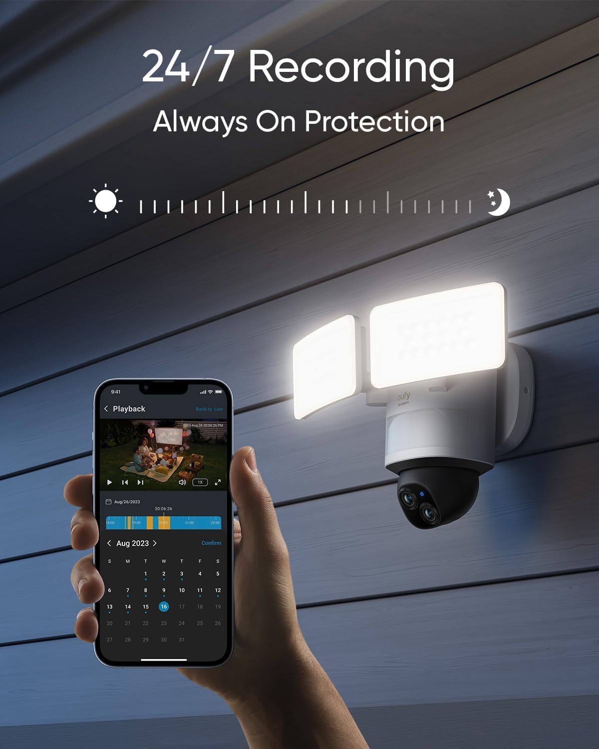Camara de seguridad PTZ de 360°, para exteriores, con grabación, luces y detección de moviento y sirena. eufy