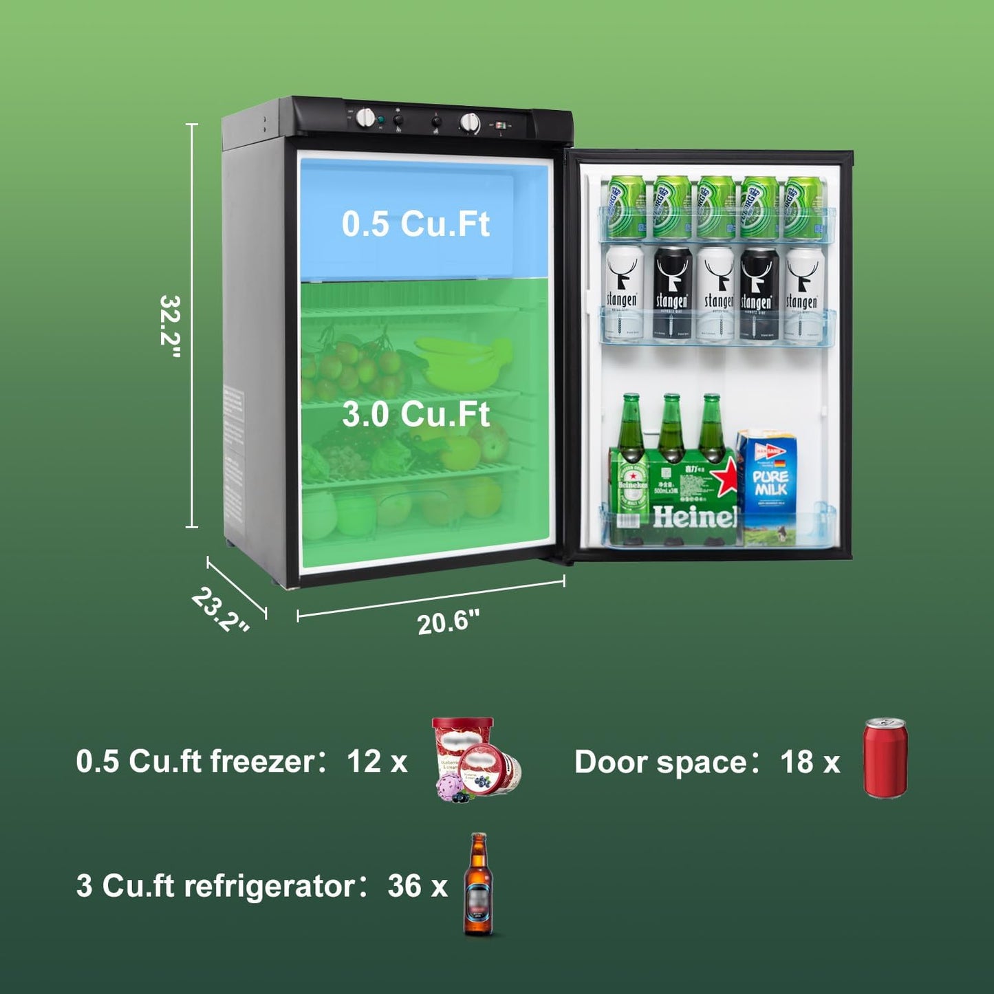Refrigeradora de Gas de 3.5 pies cubicos, funciona con Gas Propano/12V ó corriente 110V. SMETA