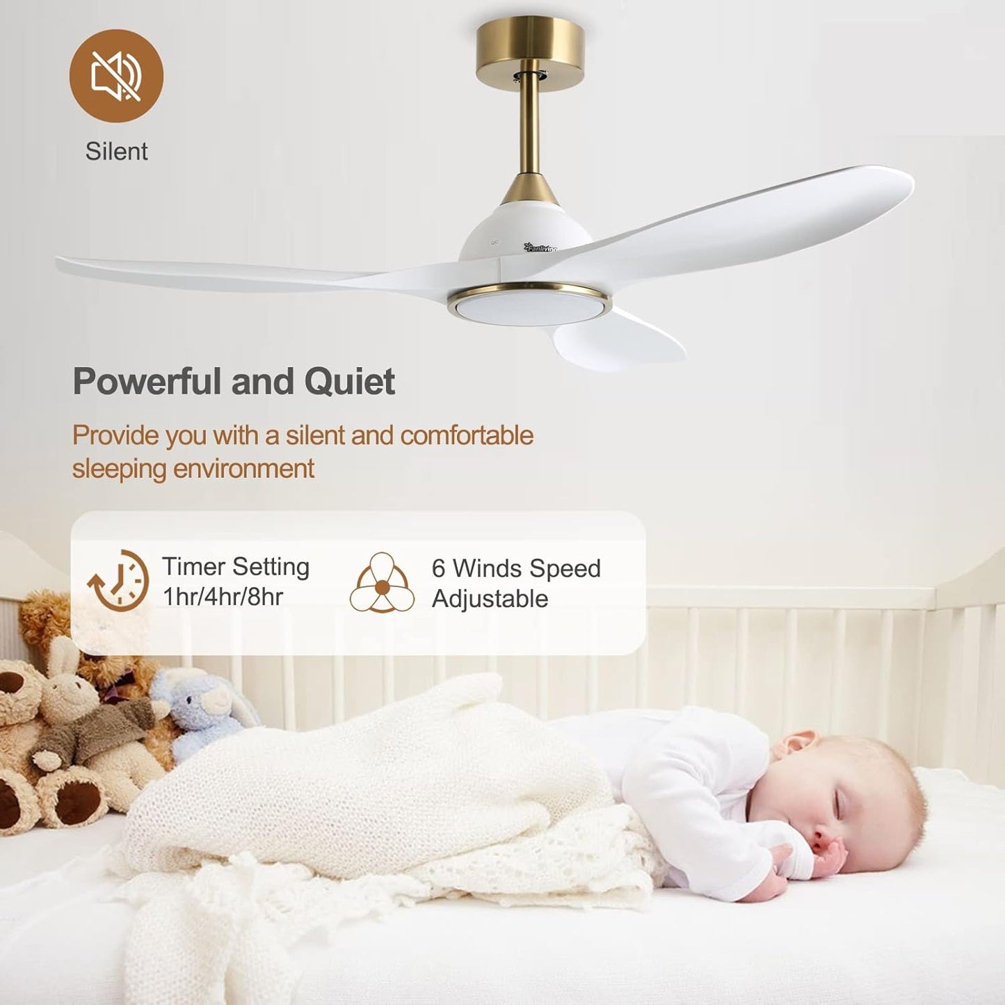 Ventilador de techo moderno de 1.32m, con control, reversa, luz y 6 velocidades.Blanco con dorado. Fanliving