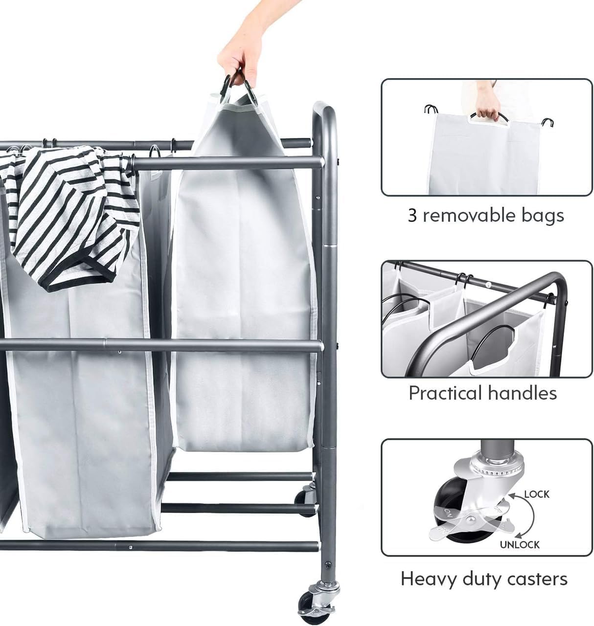 Carrito de lavandería con 3 secciones con bolsas de tela oxford extraíbles. ROMOON