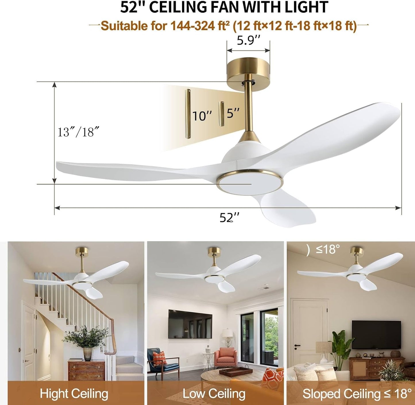 Ventilador de techo moderno de 1.32m, con control, reversa, luz y 6 velocidades.Blanco con dorado. Fanliving
