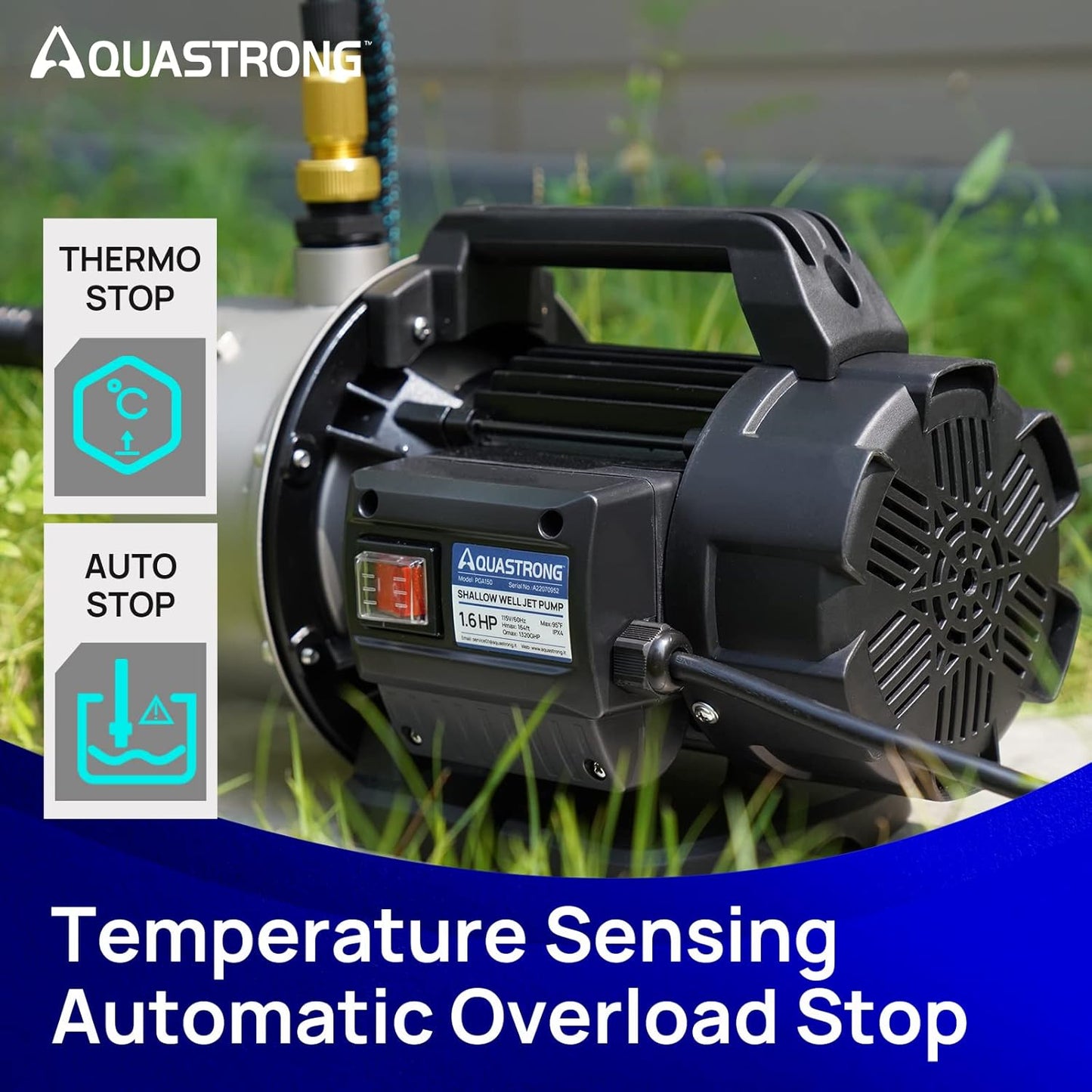 Bomba portatil para riego de 1.6 HP, 1320 GPH, 115 V, de pozo poco profundo. Aquastrong