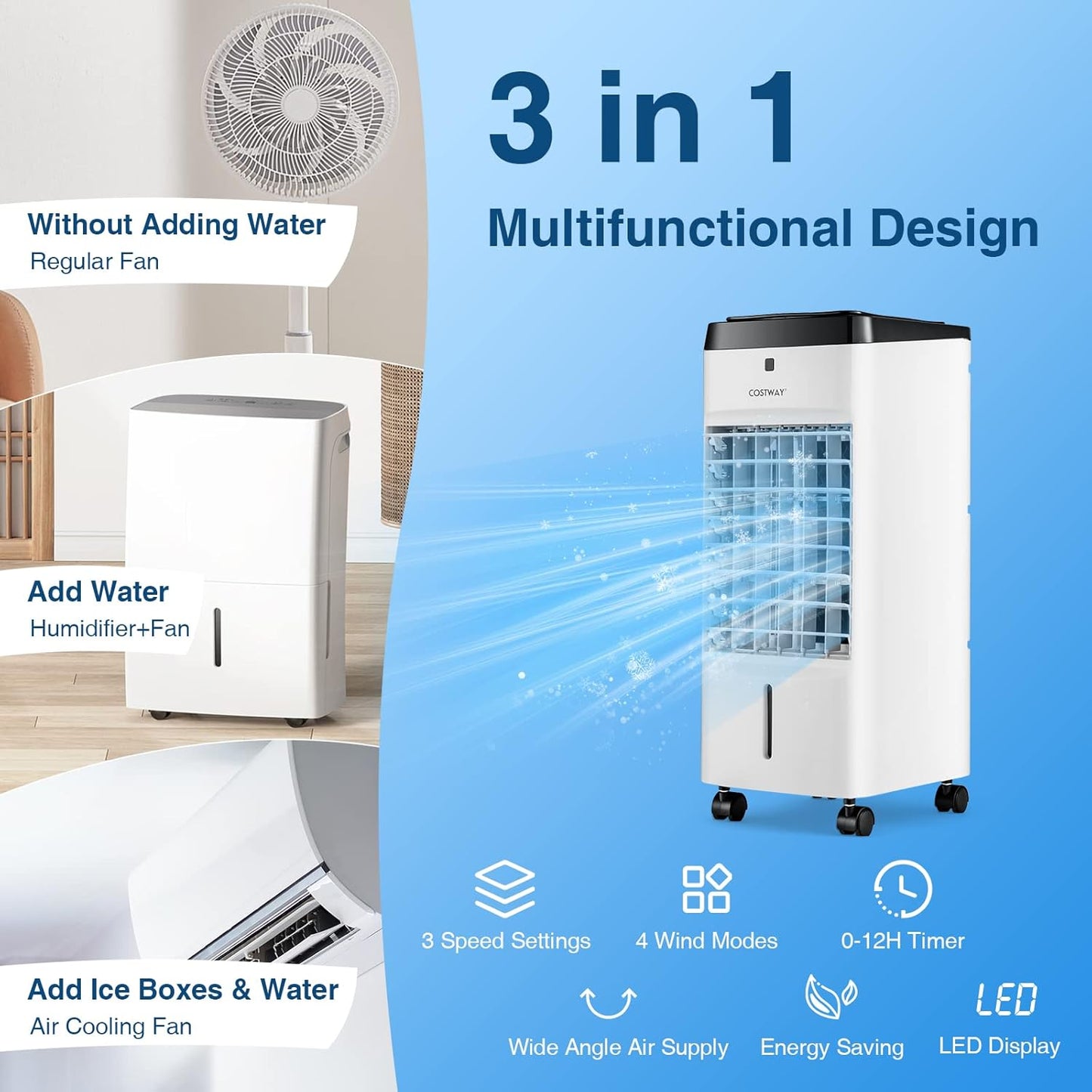 Enfriador de aire 3-en-1 oscilante con temporizador 38 × 28 × 76 cm – COSTWAY