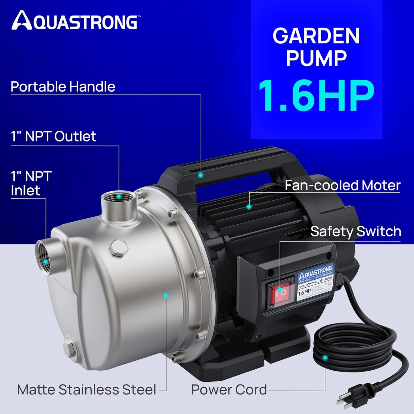 Bomba portatil para riego de 1.6 HP, 1320 GPH, 115 V, de pozo poco profundo. Aquastrong