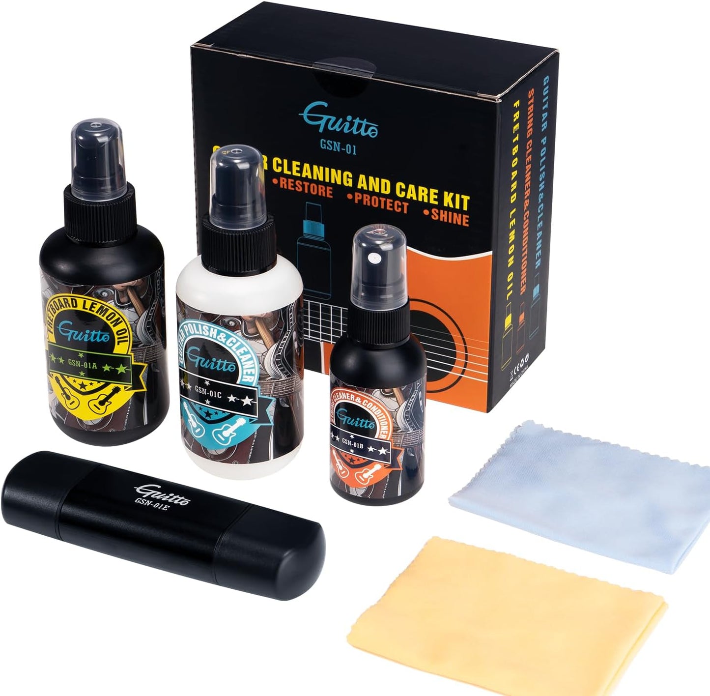 Kit todo en uno para limpieza de guitarras para limpiar, restaurar, proteger y pulir.