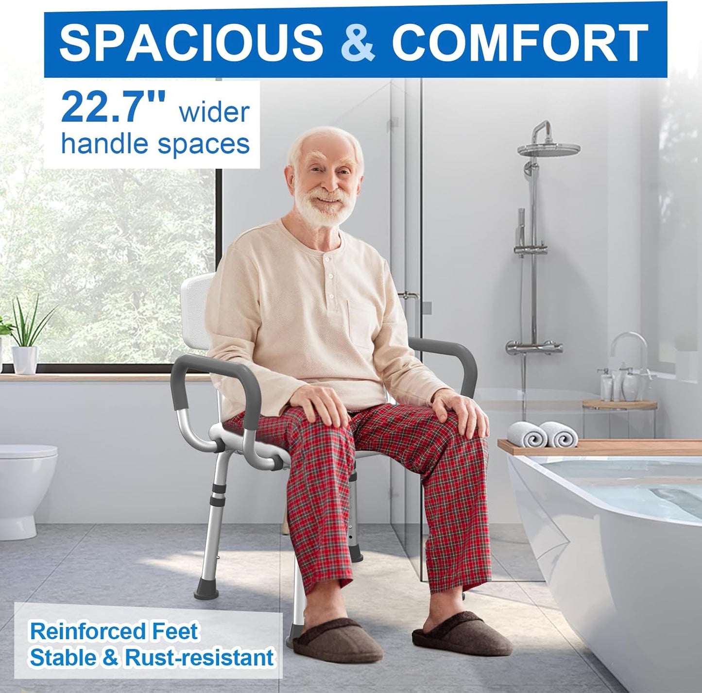 Silla de baño para ducha ajustable con brazos y respaldo 51 × 38 × 69-98 cm – HOMLAND