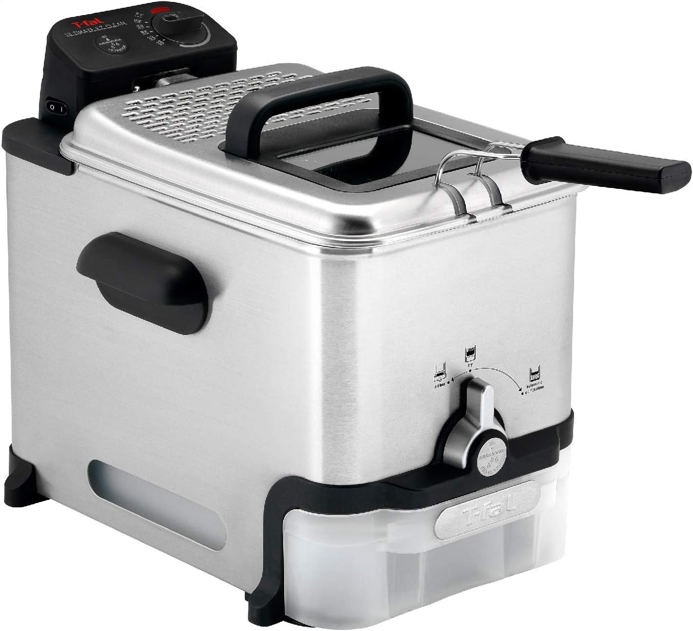 Freidora de aceite de acero inóxidable de 3.5 litros con sistema de filtrado automotica. T-fal