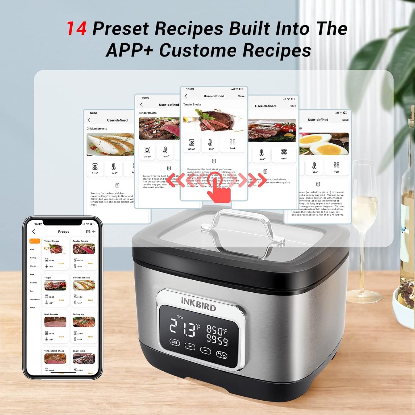 Máquina Sous Vide Wifi de 700 W/horno de agua de 8 cuartos con divisor de estante. Inkbird