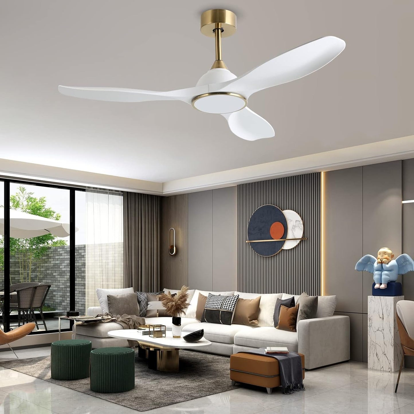 Ventilador de techo moderno de 1.32m, con control, reversa, luz y 6 velocidades.Blanco con dorado. Fanliving