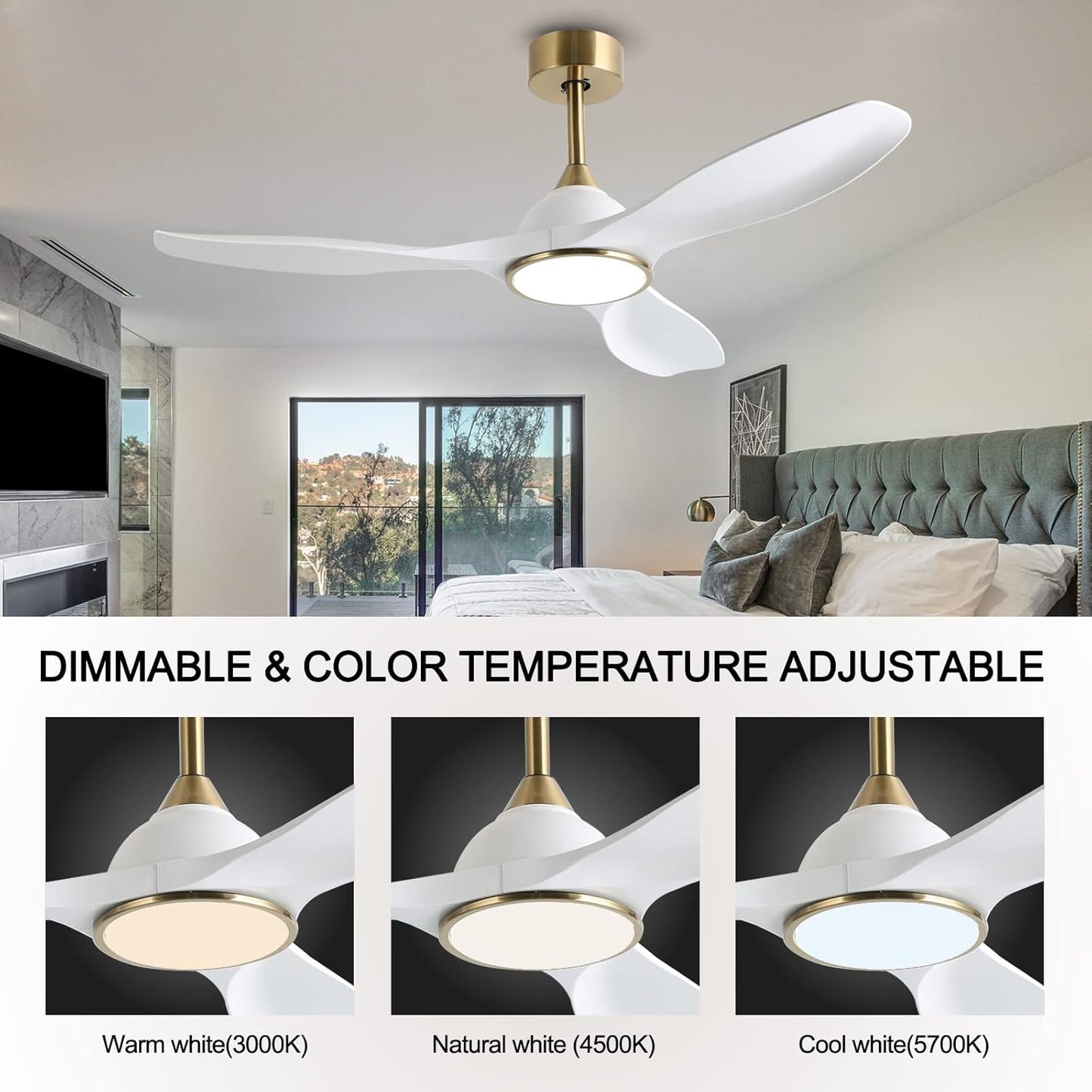 Ventilador de techo moderno de 1.32m, con control, reversa, luz y 6 velocidades.Blanco con dorado. Fanliving