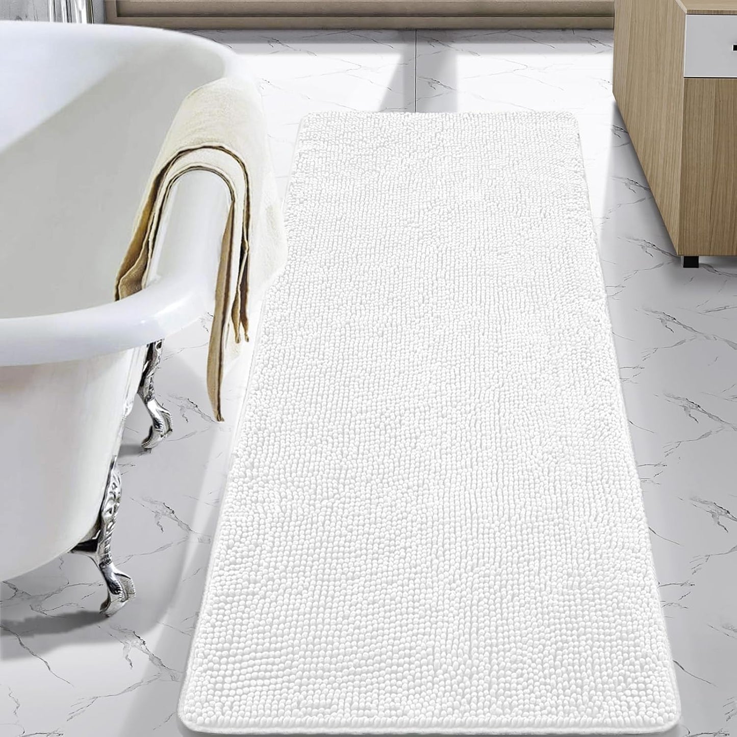 Alfombra de baño afelpada, absorbente ylavable 152cms x 61cms. color blanco