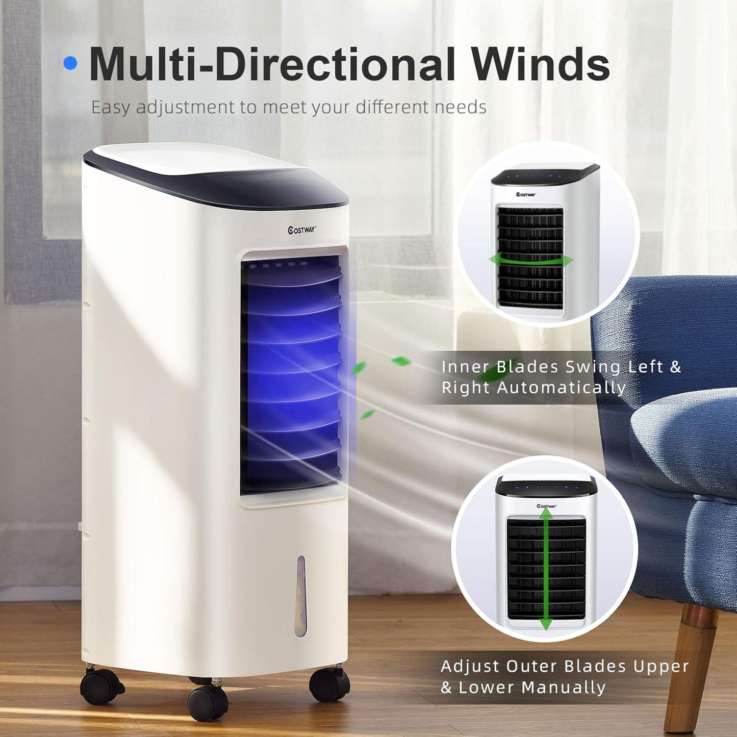 Enfriador evaporativo 3 modos 26 × 30 × 74 cm 7 L – COSTWAY