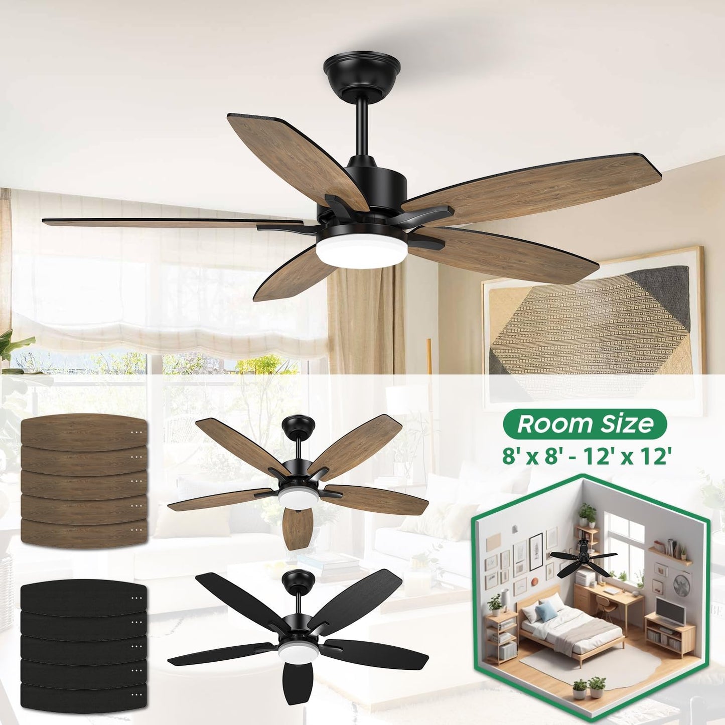 Ventilador de techo, con luz, control remoto, reversa y 6 velocidades. Negro ó café