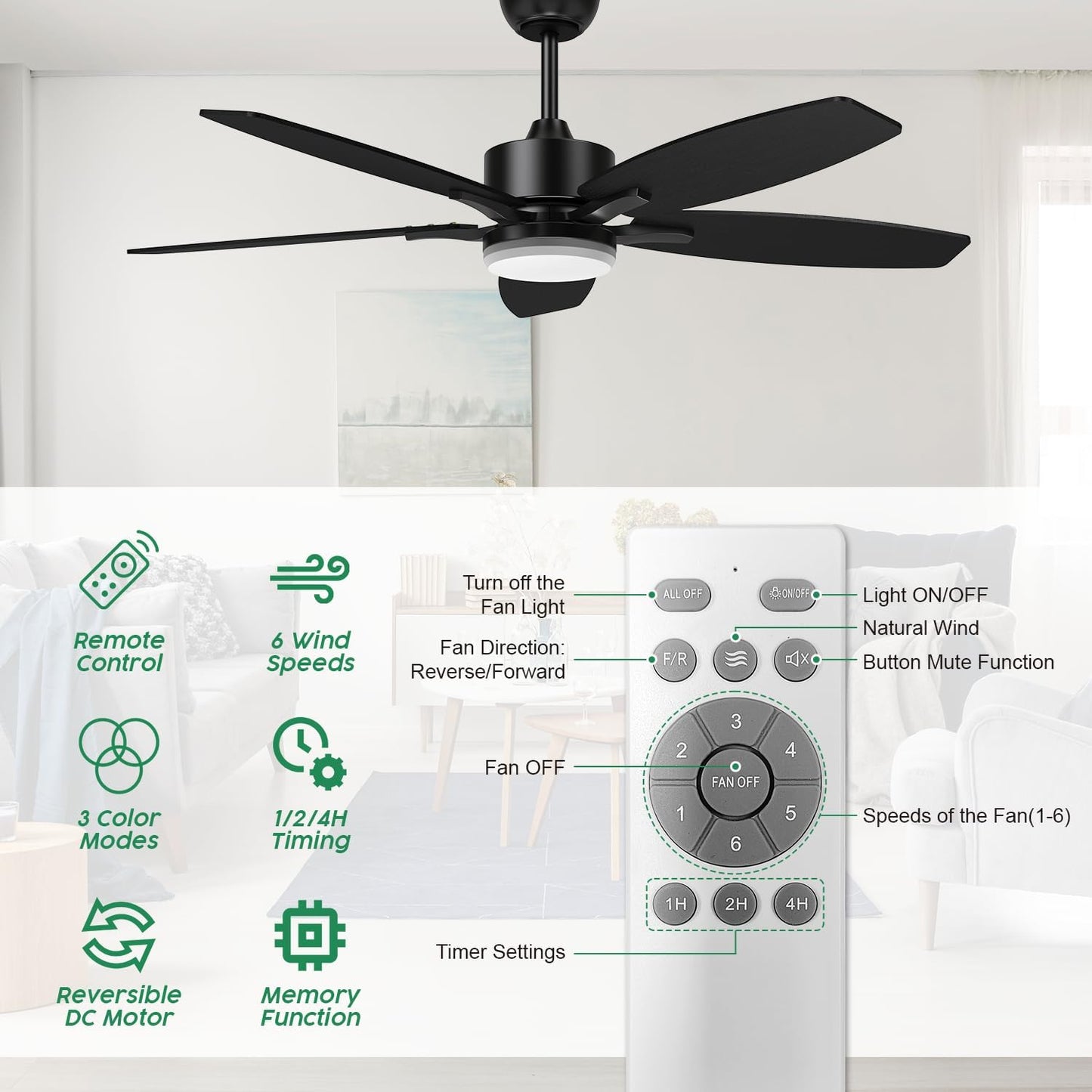 Ventilador de techo, con luz, control remoto, reversa y 6 velocidades. Negro ó café
