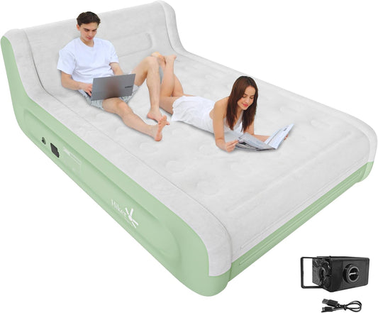 Colchón inflable con respaldo e inflador integrado recargable, tamaño Queen. HikerSKY