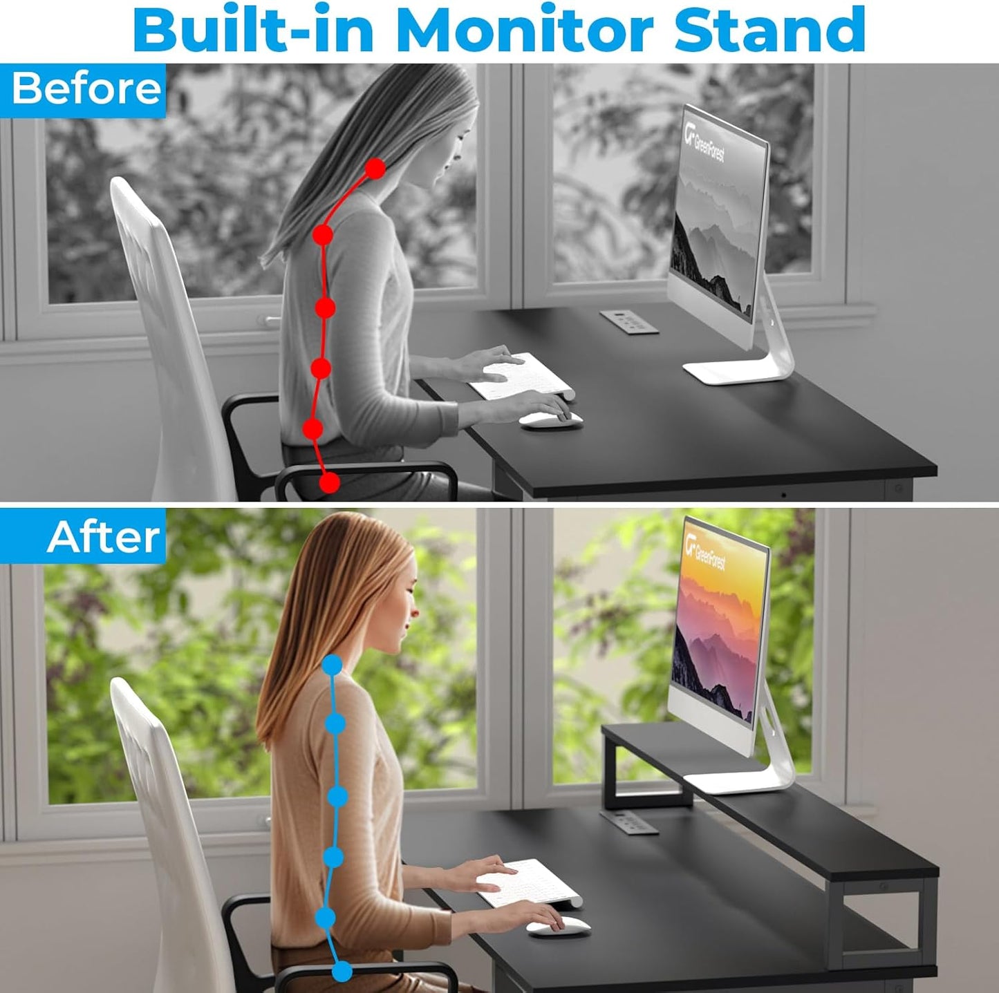 Escritorio moderno, con toma corriente y puertos de carga USB, 1.20m con soporte ergonómico para monitor