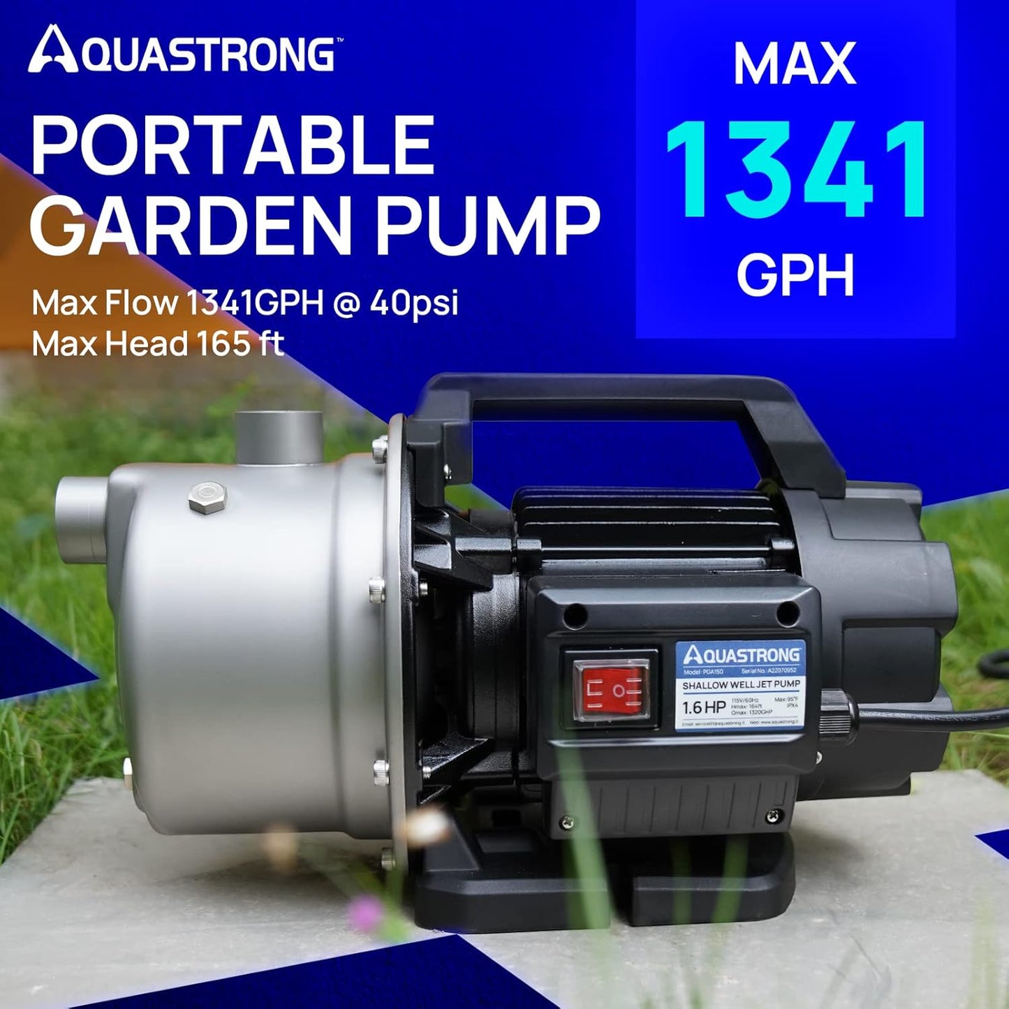 Bomba portatil para riego de 1.6 HP, 1320 GPH, 115 V, de pozo poco profundo. Aquastrong