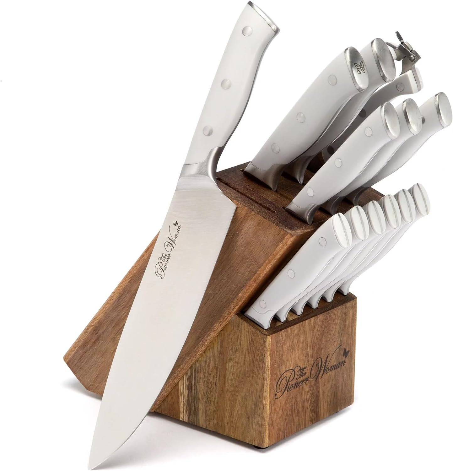 Juego de cuchillos de 14 piezas con base de madera. Disponible en turquesa y acero inox. The Pioneer woman