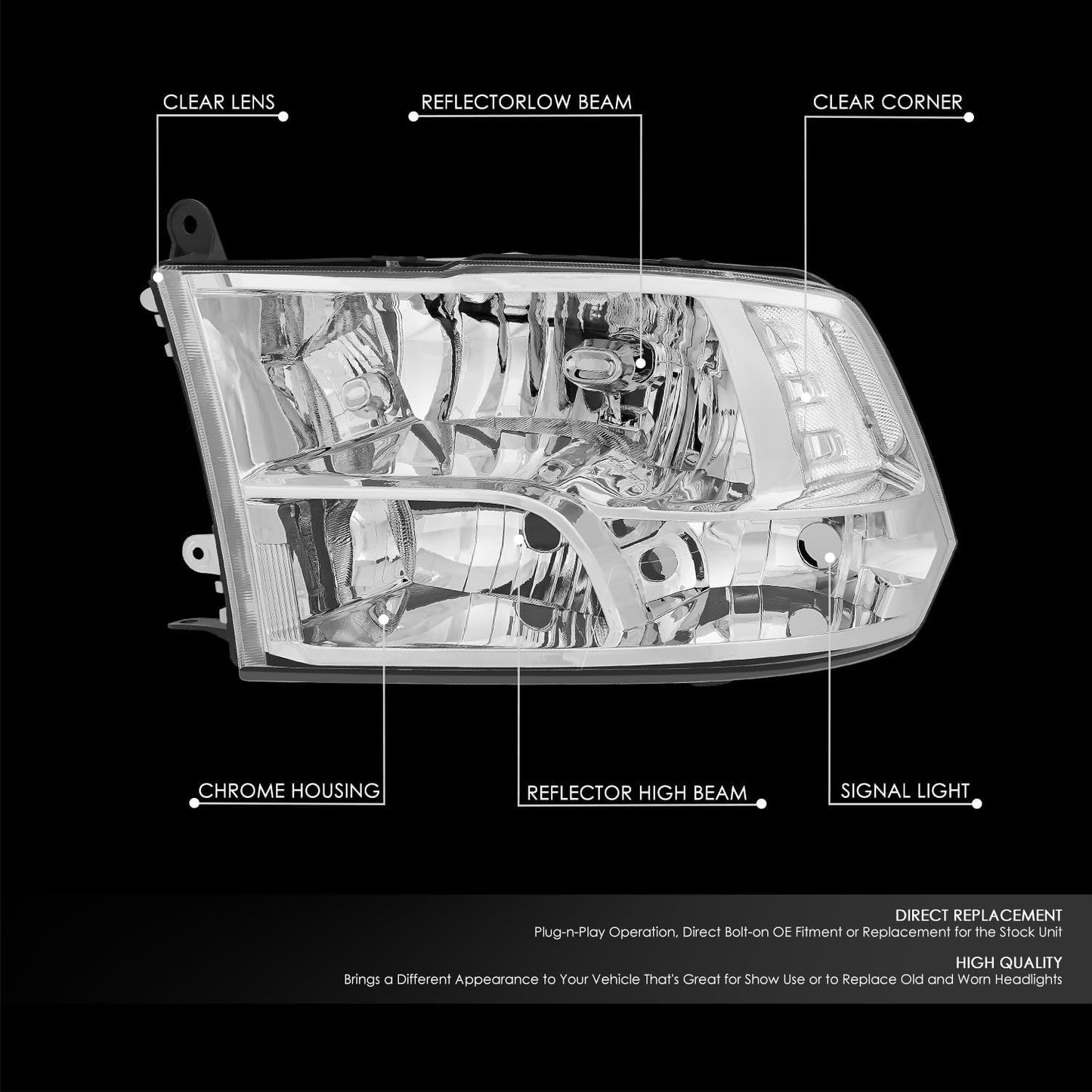 Focos delanteros compatibles con Dodge RAM (revisar modelos en la descripción, cromado/transparente