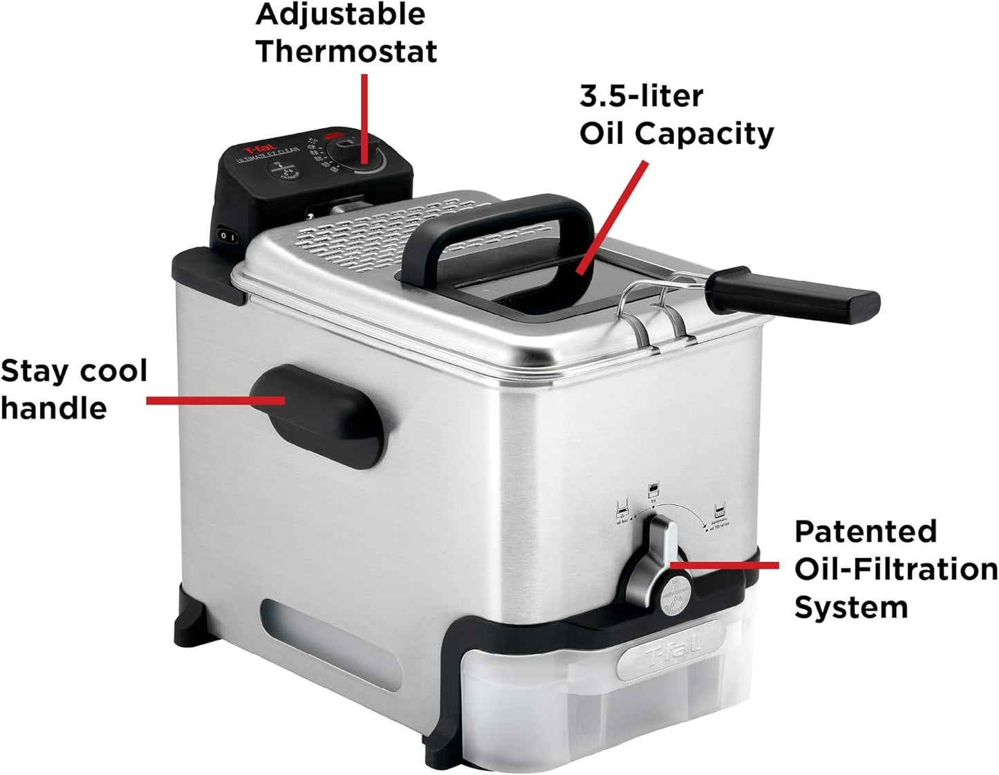 Freidora de aceite de acero inóxidable de 3.5 litros con sistema de filtrado automotica. T-fal