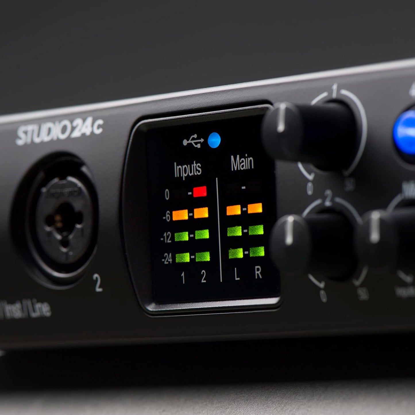 Interfaz de audio de 2 canales con entradas XLR, TRS,TS y MIDI, con DAW incluído. PreSonus Studio 24c 2x2