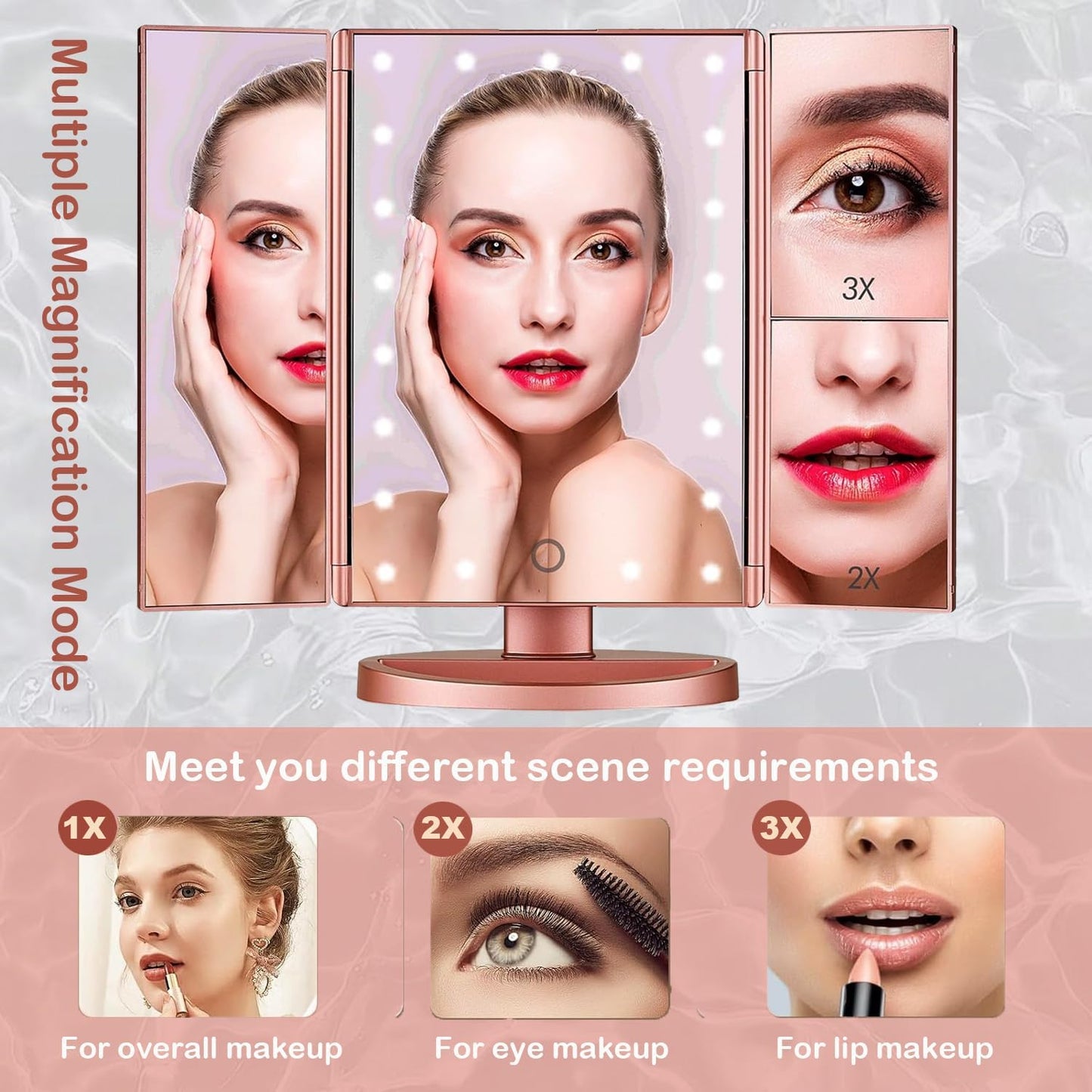 Espejo de maquillaje portátil con iluminación rotación y aumento.