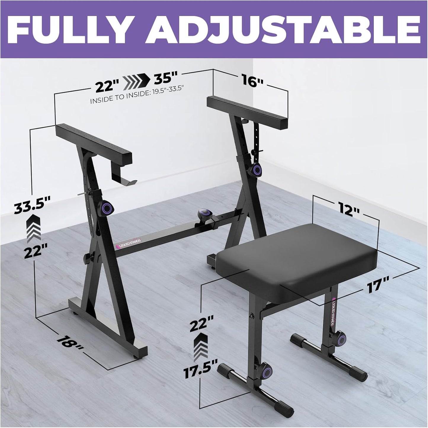 Juego de stand y asiento para pianos de 54 hasta 88 teclas, ajustable, heavy dutty. Liquid Stands