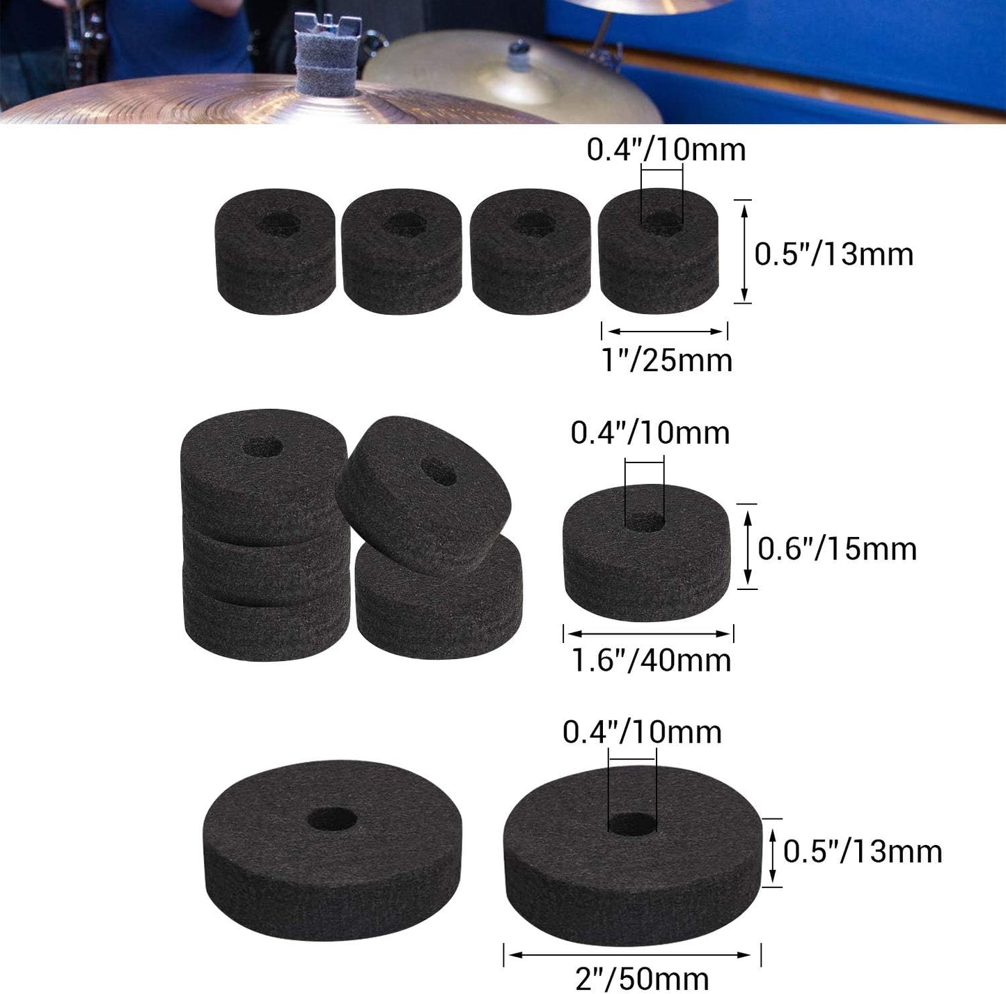 Juego de 23 accesorios para montaje de platillos, felpas, soportes, maripozas, arandelas y llaves