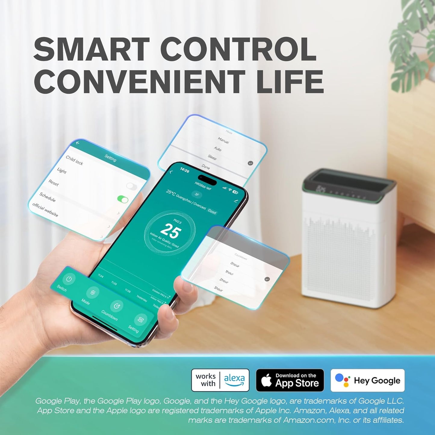 Purificador de aire WIFI/Alexa para habitación grande, con monitor de calidad del aire. MORENTO
