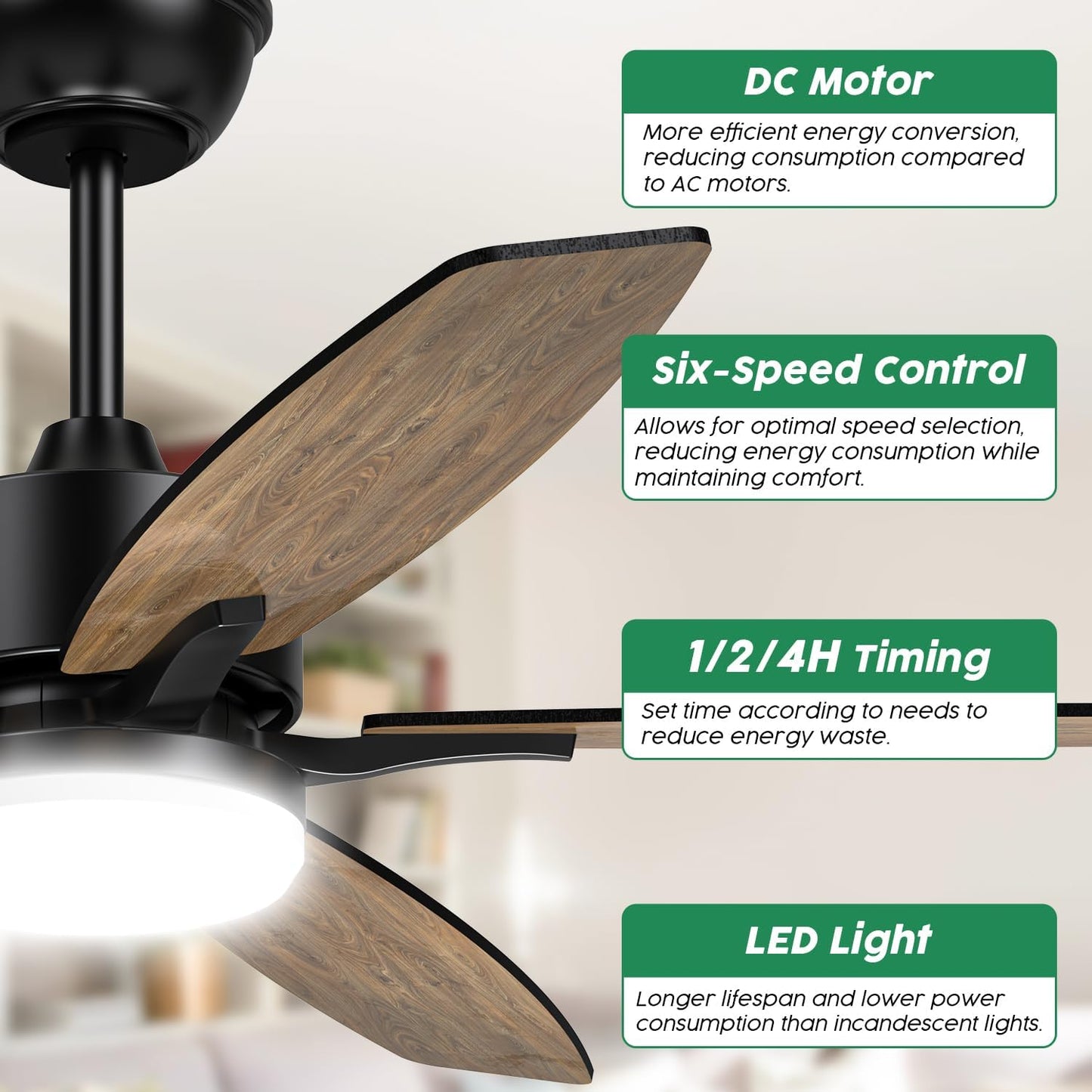 Ventilador de techo, con luz, control remoto, reversa y 6 velocidades. Negro ó café