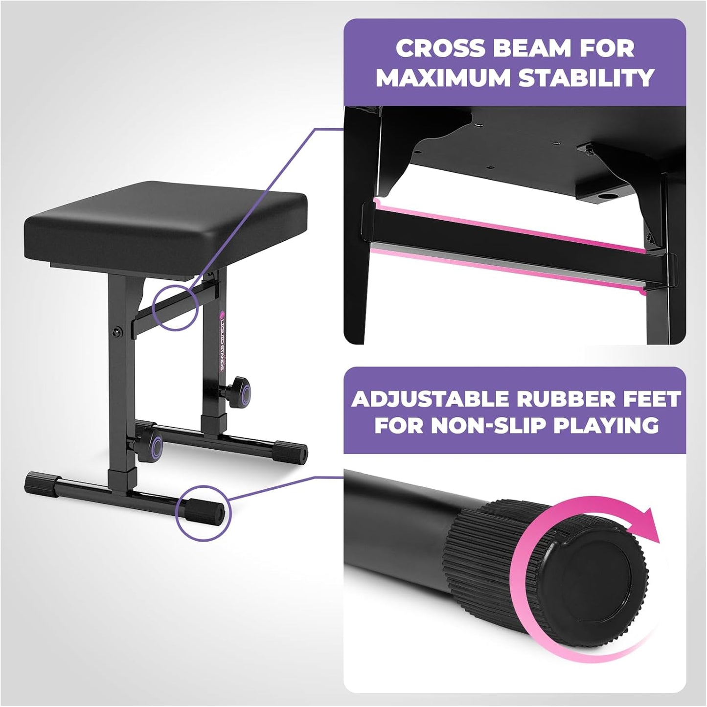 Juego de stand y asiento para pianos de 54 hasta 88 teclas, ajustable, heavy dutty. Liquid Stands