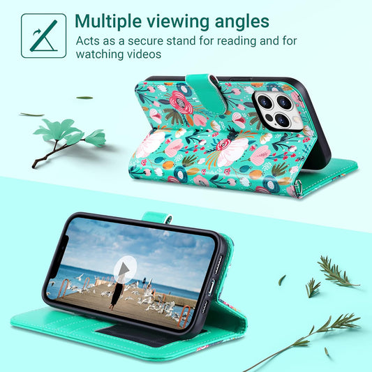 Estuche tipo cartera para Iphone 12/13 Pro Max, color verde floreado. Ulak