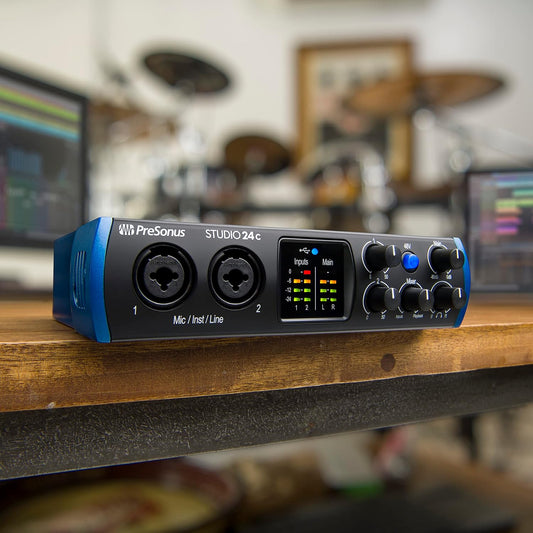 Interfaz de audio de 2 canales con entradas XLR, TRS,TS y MIDI, con DAW incluído. PreSonus Studio 24c 2x2