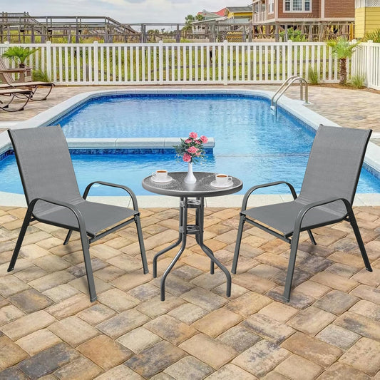 Juego de 2 sillas y mesa de centro para patio, marco de metal, mesa con superficie de vidrio templado.
