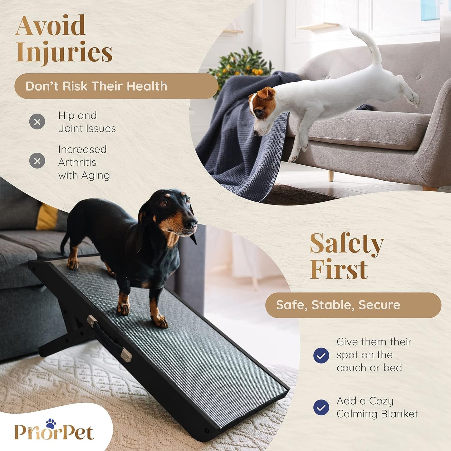 Rampa para perros, antidezlizante, lisa, plegable y con altura ajustable de 17.7cms a 50.8cms. PRIORPET