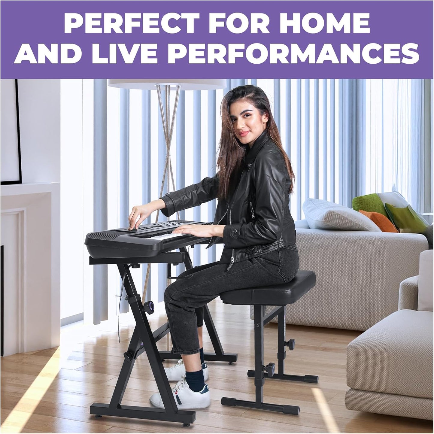 Juego de stand y asiento para pianos de 54 hasta 88 teclas, ajustable, heavy dutty. Liquid Stands