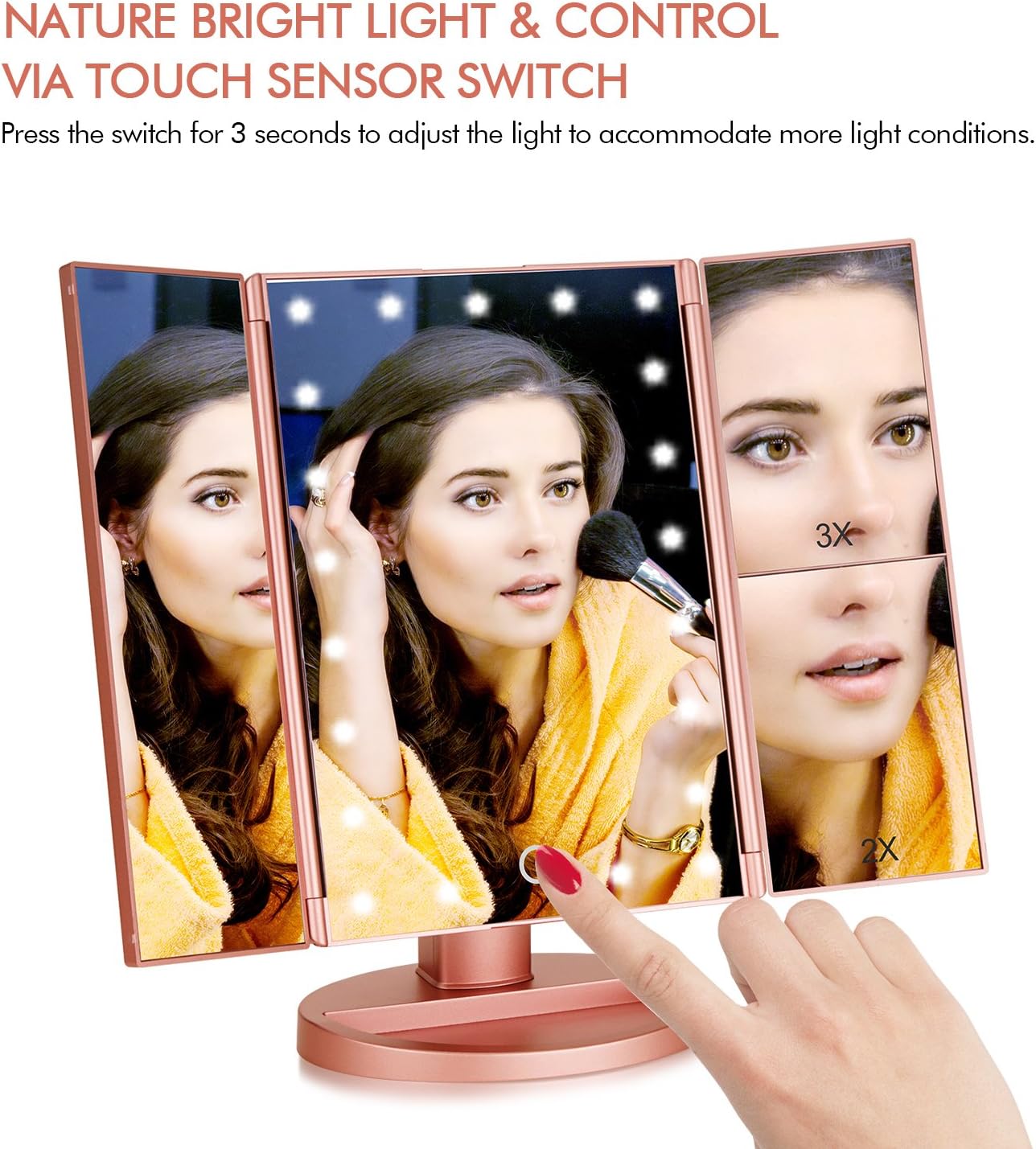 Espejo de maquillaje portátil con iluminación rotación y aumento.