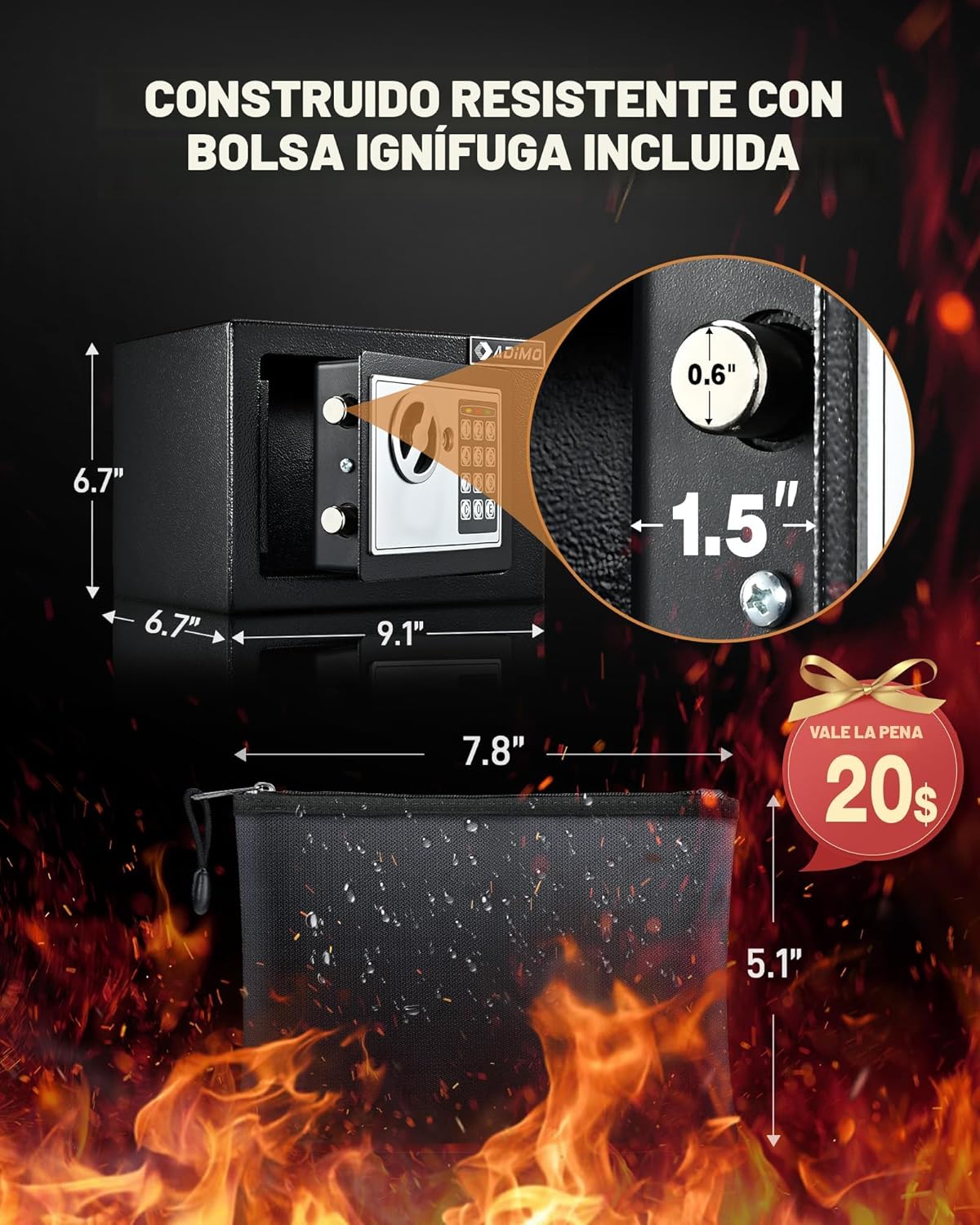 Caja fuerte pequeña, impermeable, ignífuga, con acceso por código ó llave. ADIMO