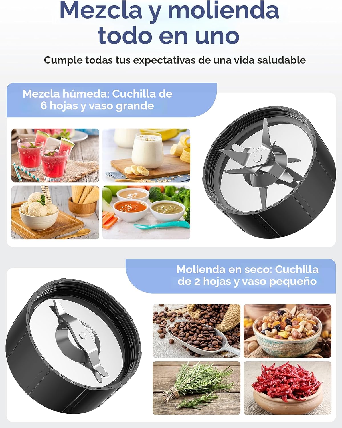 Licuadora tipo bullet de 900W, con multiples accesorios. Ganiza
