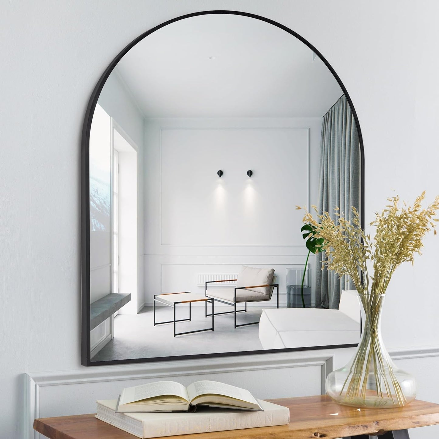 Espejo grande con forma de arco y marco de metal color negro, 78cms x 83cms. COFENY
