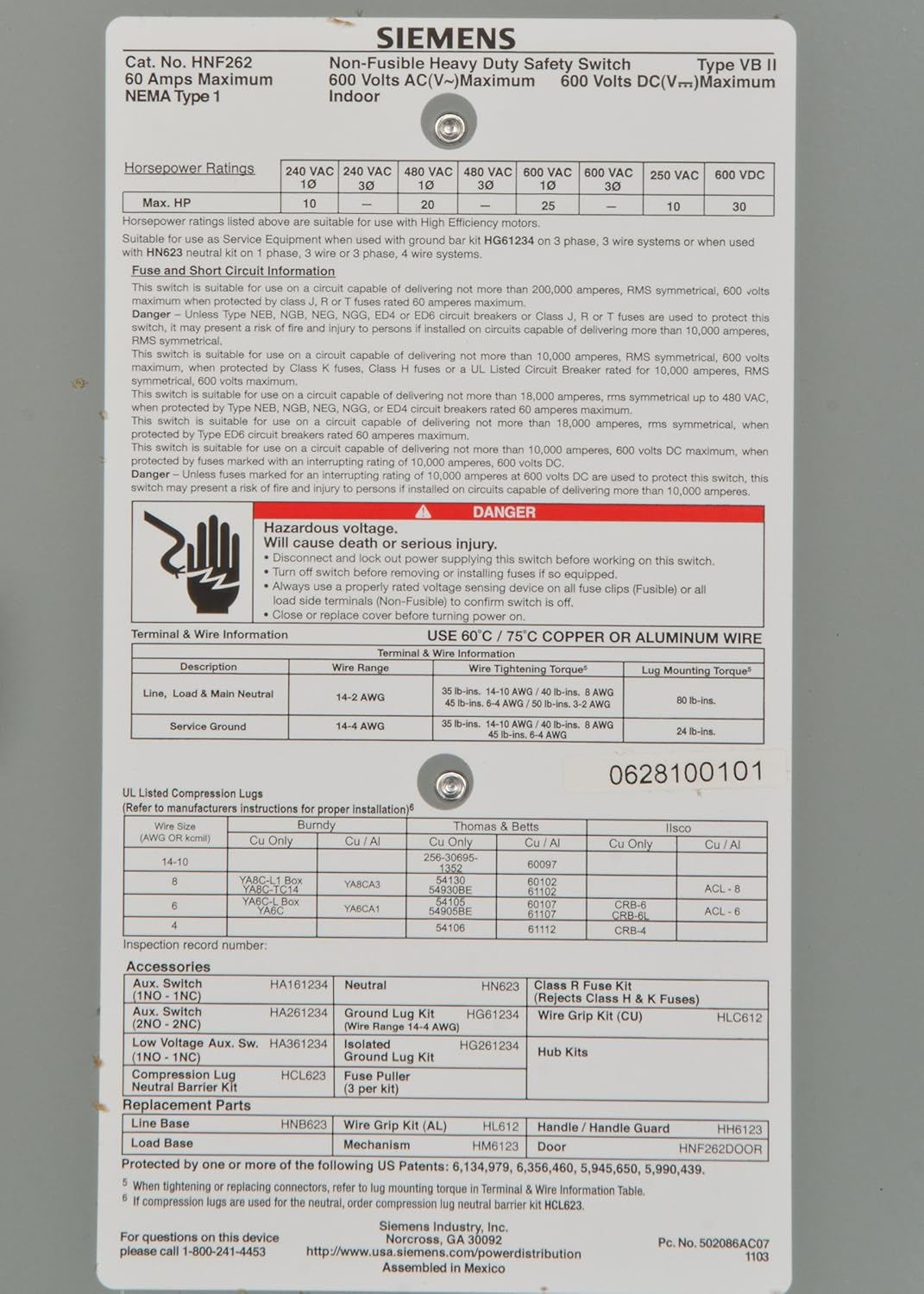 Interruptor de Seguridad No Fusionado Siemens HNF262 60A / 600V