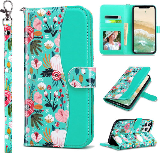 Estuche tipo cartera para Iphone 12/13 Pro Max, color verde floreado. Ulak