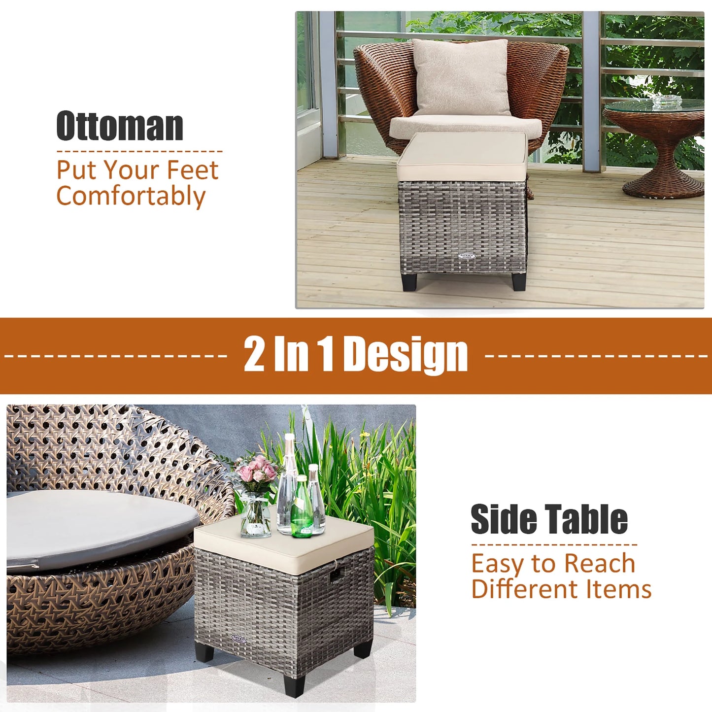 Set de 2 ottomanas de ratán con cojines gris marino – Costway